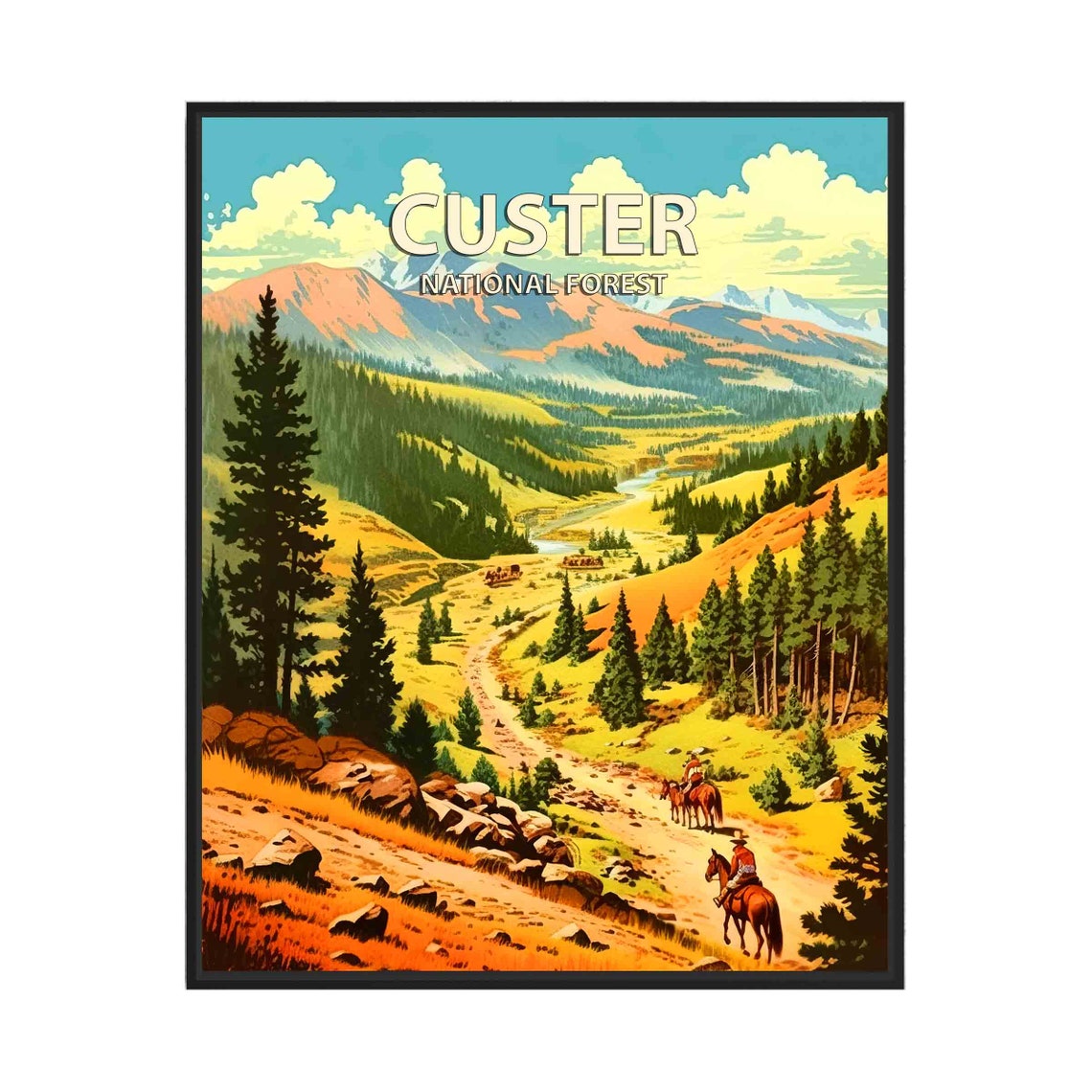 Custer National Forest Mountain Valley Horseback Riders Retro Poster