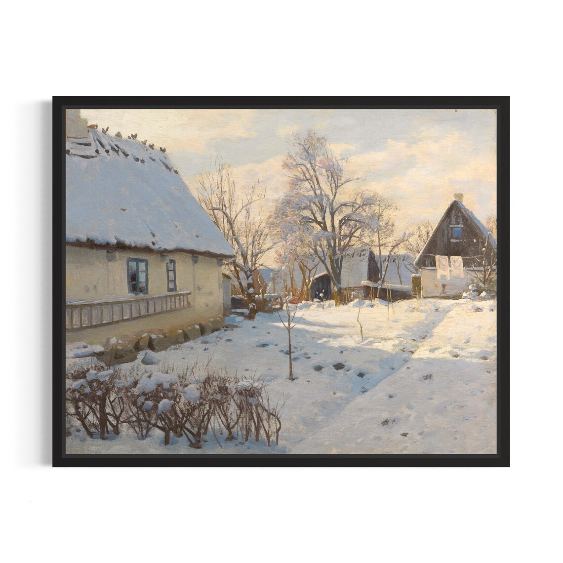 Thatched Roof Cottage in Winter Snow Vintage Painting Poster