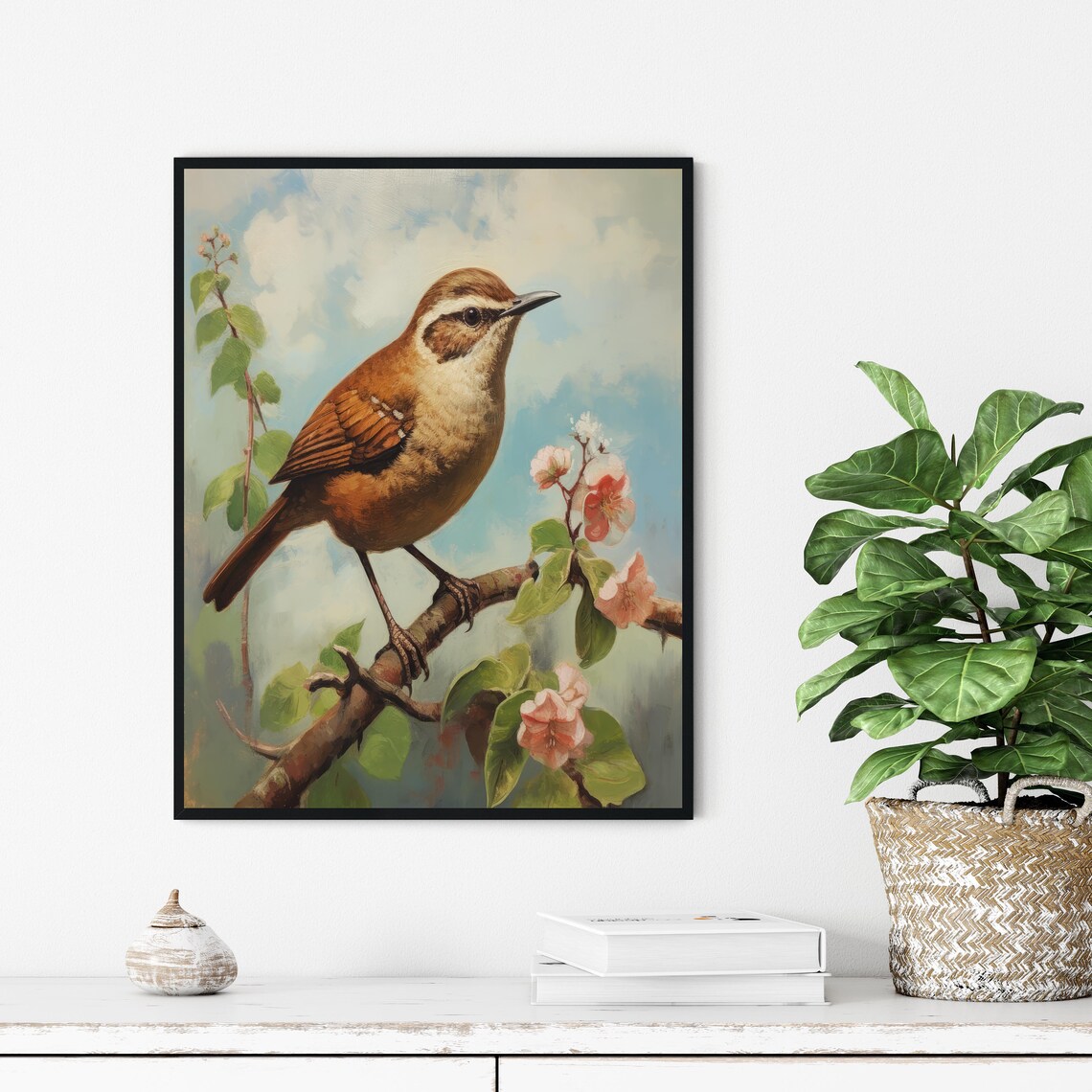 Carolina Wren on Blossoming Branch Vintage Songbird Art Poster - Image 2