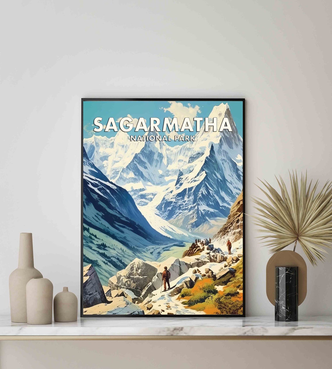 Sagarmatha National Park Snowy Peaks Trekkers Vintage Travel Poster - Image 3