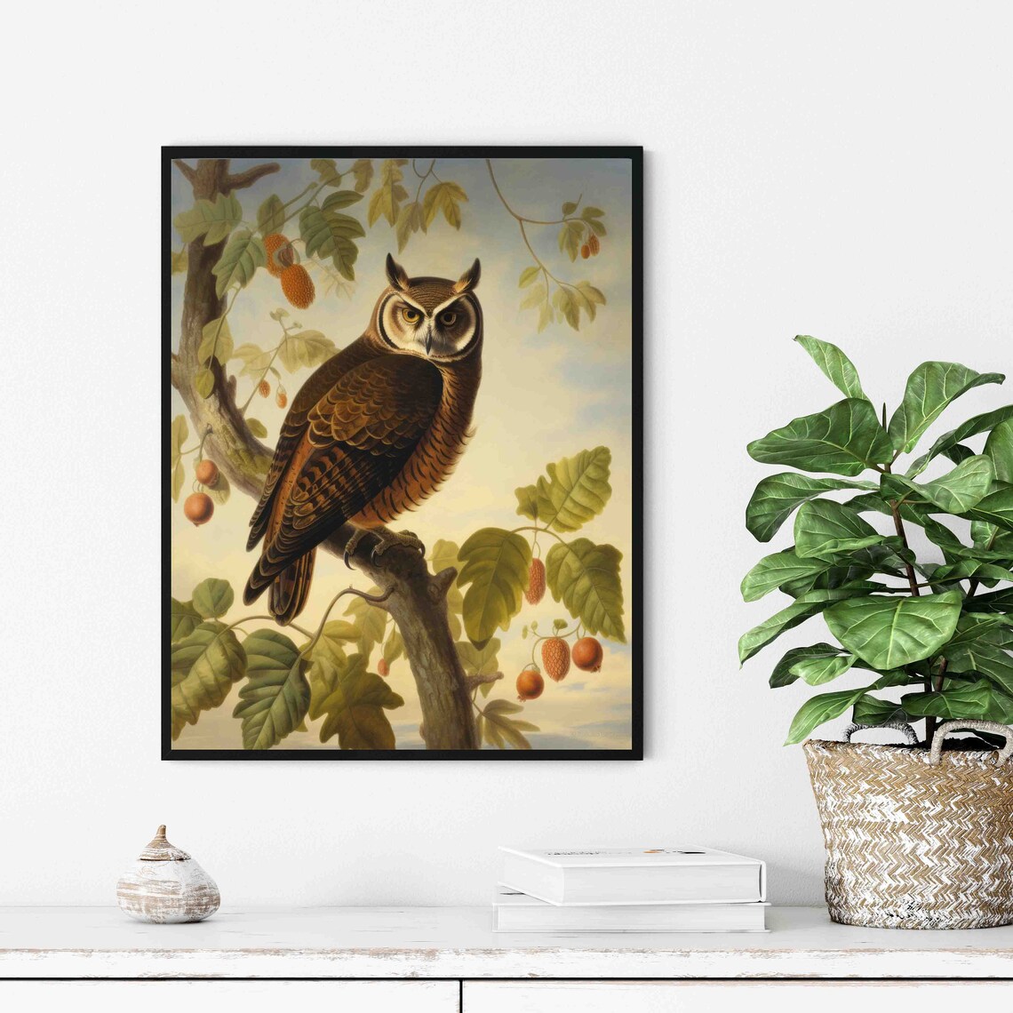Long-Eared Owl on Oak Branch Vintage Bird Wildlife Art Poster - Image 3