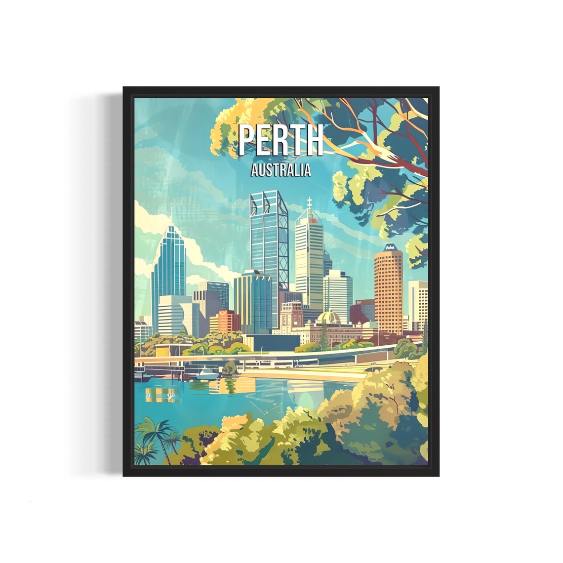 Perth Australia City Skyline Poster With River Reflections At Daybreak