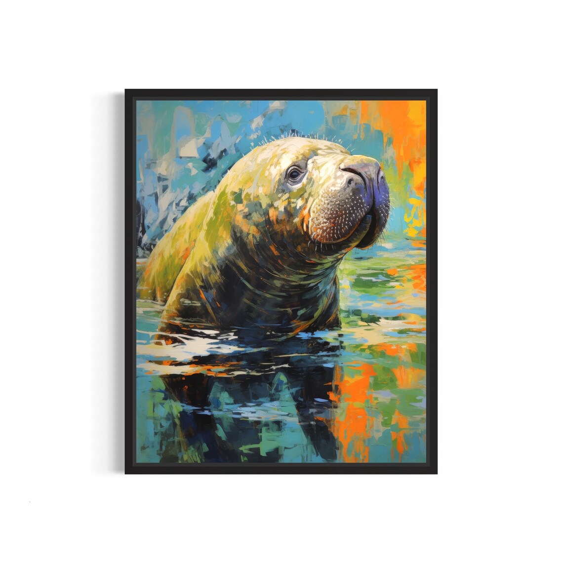 Colorful Manatee Rising From The Water Abstract Sea Animal Art Poster