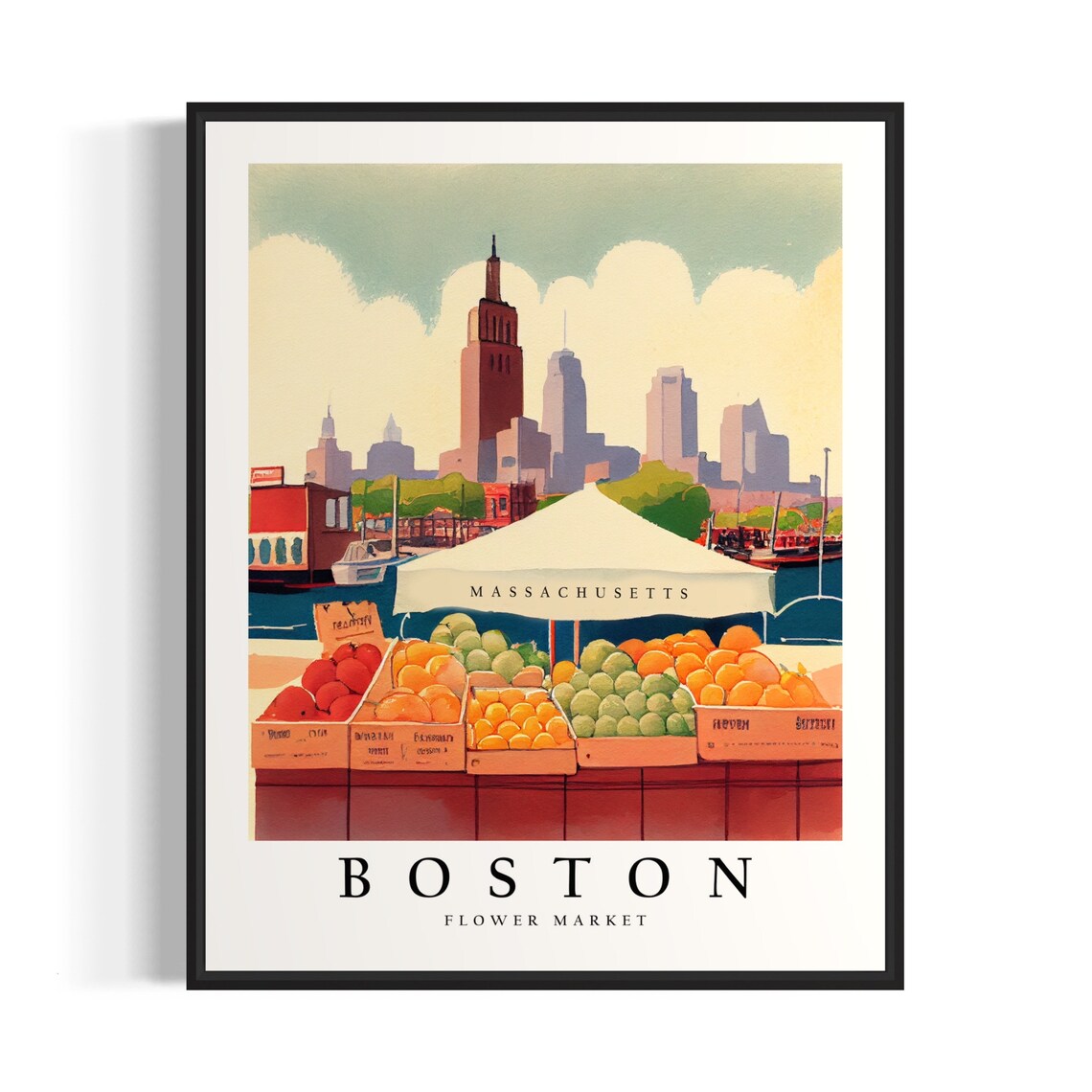 Boston Flower Market Watercolor Fruit Stands City Skyline Poster