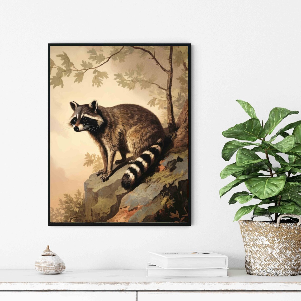 Raccoon on Forest Rock Curious Vintage Woodland Wildlife Poster - Image 3