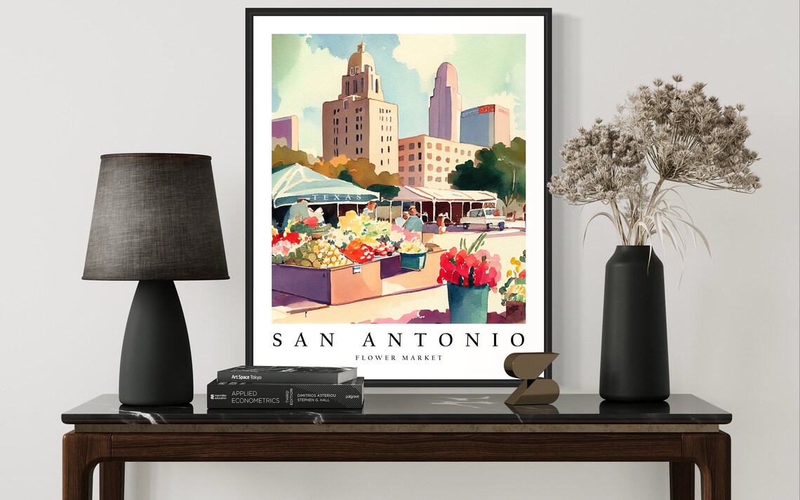 San Antonio Texas Flower Market Downtown Skyline Watercolor Poster - Image 2