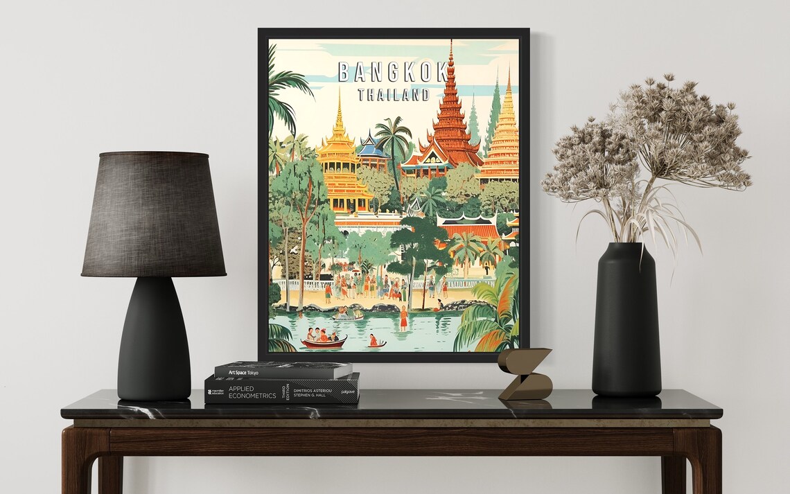 Bangkok Thailand Golden Temple Spires Retro Travel Art Poster - Image 3