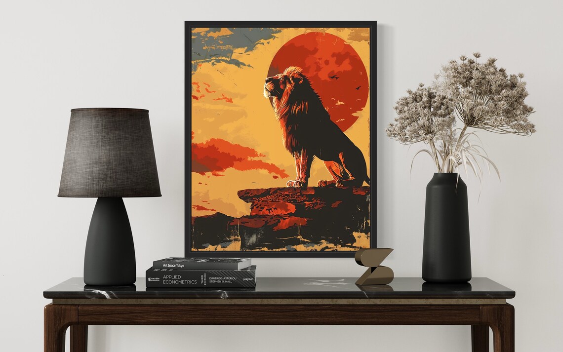 Lion Silhouette Against Red Sun Rock Vintage Safari Art Poster - Image 2