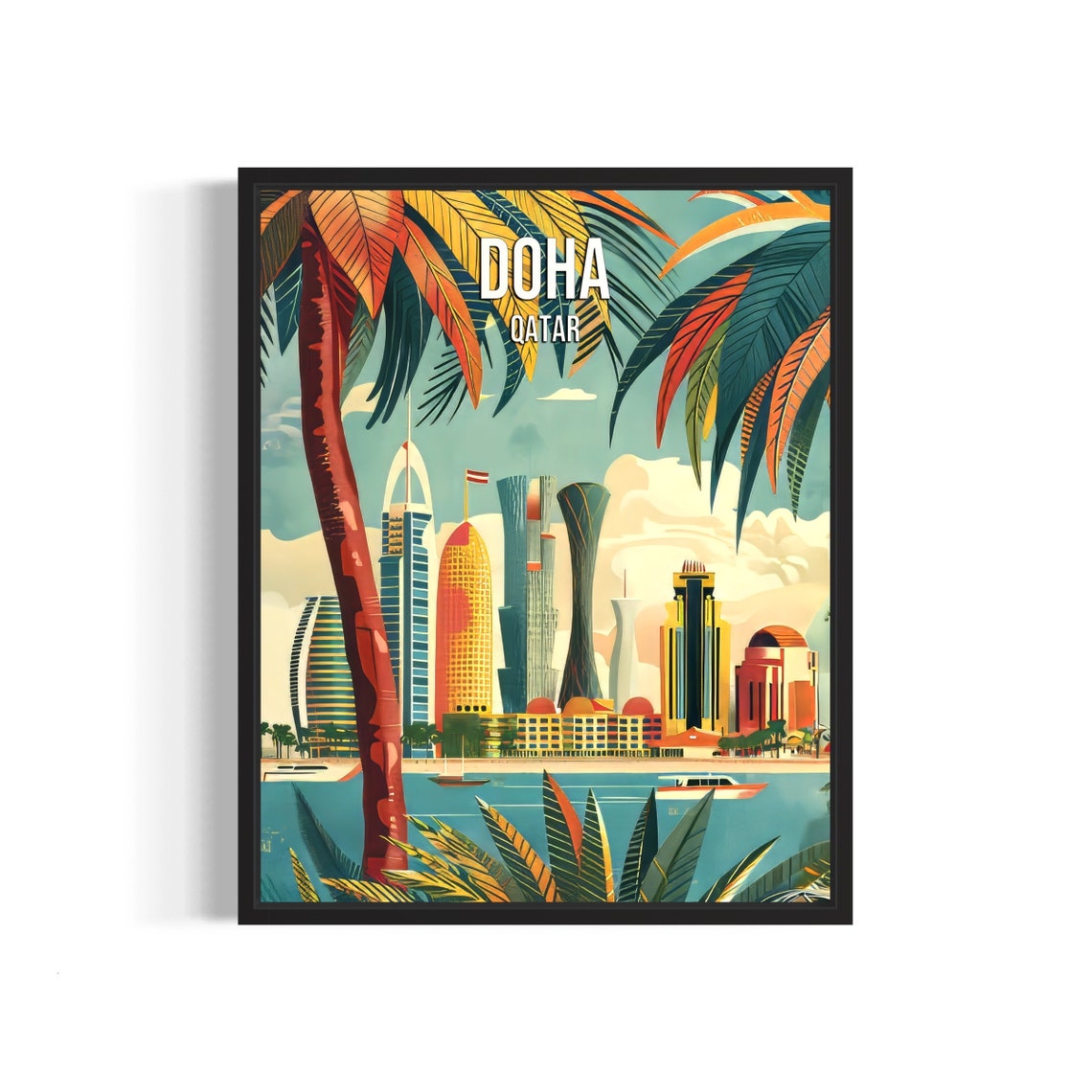 Doha Qatar Tropical Waterfront Skyline Vintage Travel Poster