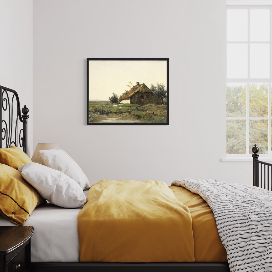 Thatched Cottage by Stream Vintage Marsh Landscape Painting Poster - Image 2