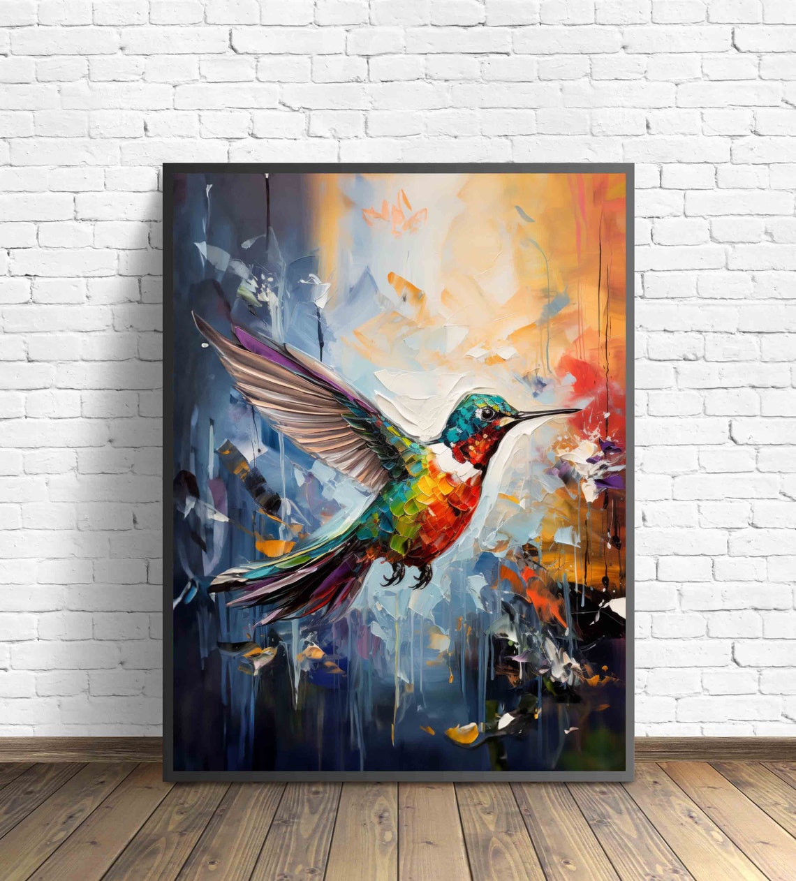 Rainbow Hummingbird in Flight Abstract Colorful Bird Wall Art - Image 2