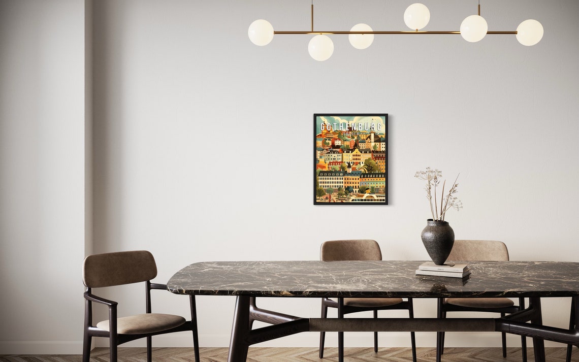 Gothenburg Sweden Illustrated Harbour Cityscape with White Boat Poster - Image 2