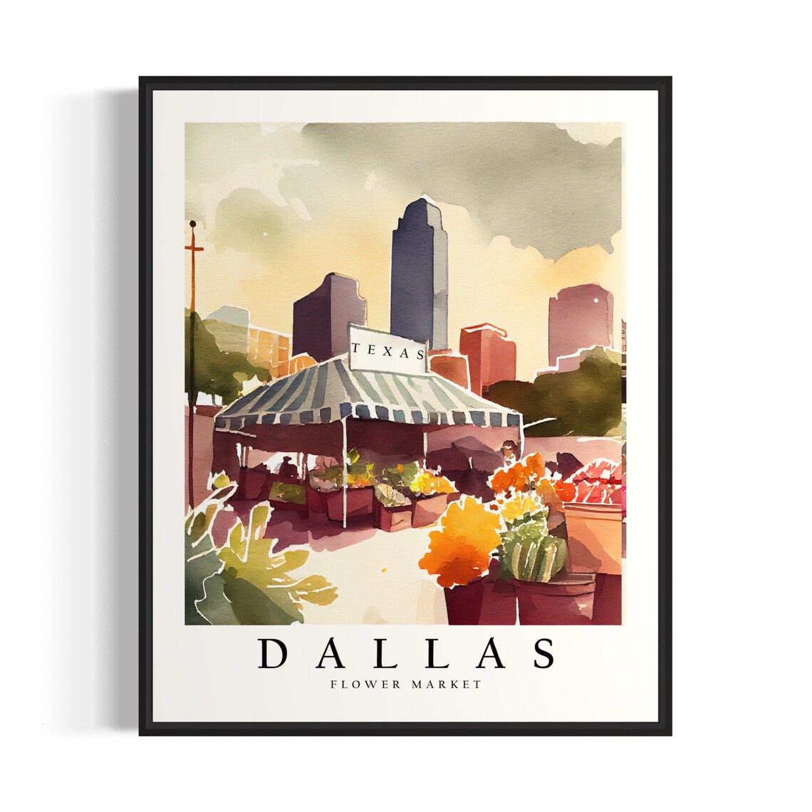 Dallas Texas Flower Market Watercolor Downtown Skyline Poster