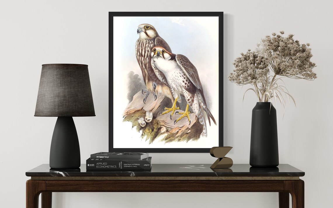 Pair of Laggar Falcons on Rocky Perch Vintage Naturalist Art Print - Image 3