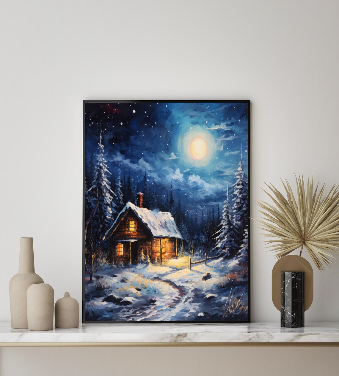 Moonlit Snowy Cabin in the Pine Woods Winter Wonderland Poster - Image 2