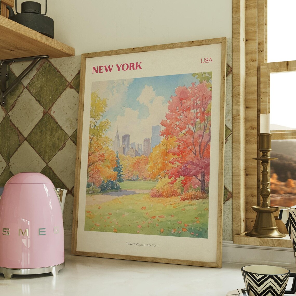 New York City Autumn Central Park Skyline Watercolor Travel Poster