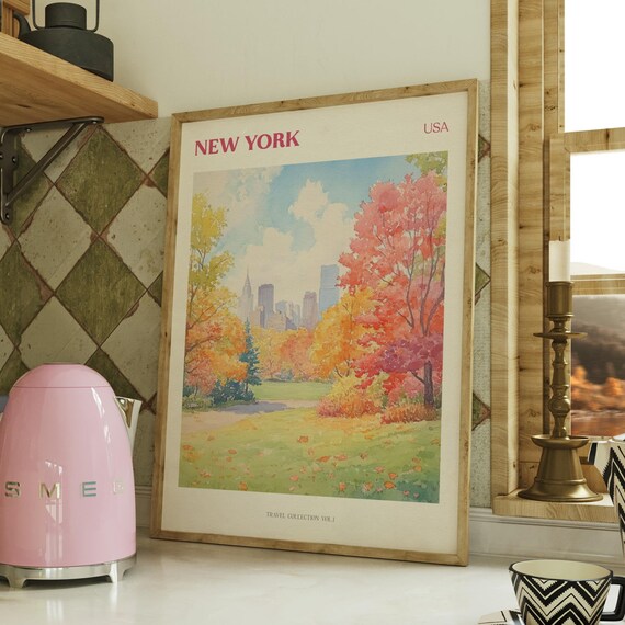 New York City Autumn Central Park Skyline Watercolor Travel Poster