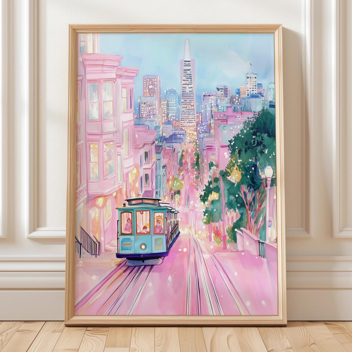 Pink San Francisco Cable Car City Lights Downtown Night Poster