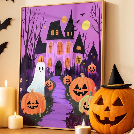 Haunted House Halloween Spooky Wall Art Purple Orange Pumpkin Poster Printouts Bats Decor Painting