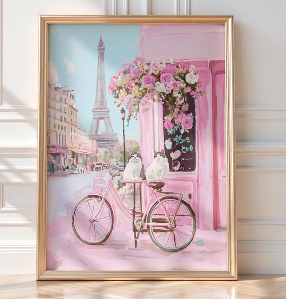 Cats in Paris Eiffel Tower Pink Floral Cafe Cityscape Poster