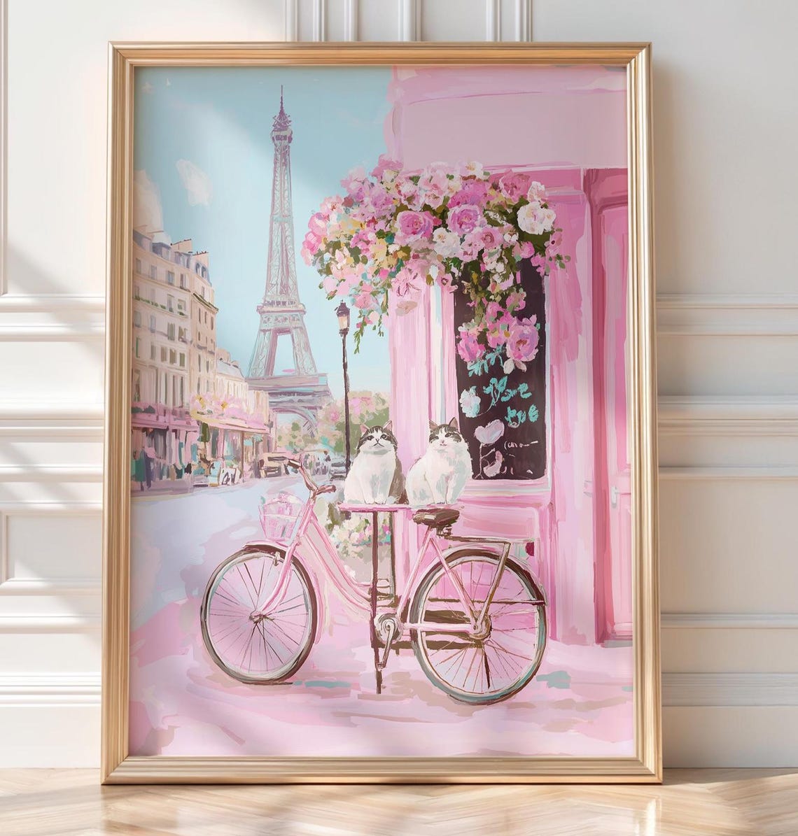 Cats in Paris Eiffel Tower Pink Floral Cafe Cityscape Poster