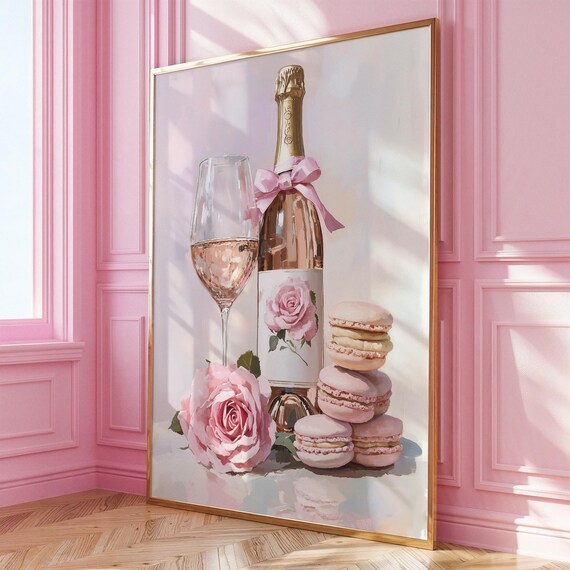 Pink Champagne Bottle Macarons Roses Elegant Floral Kitchen Poster