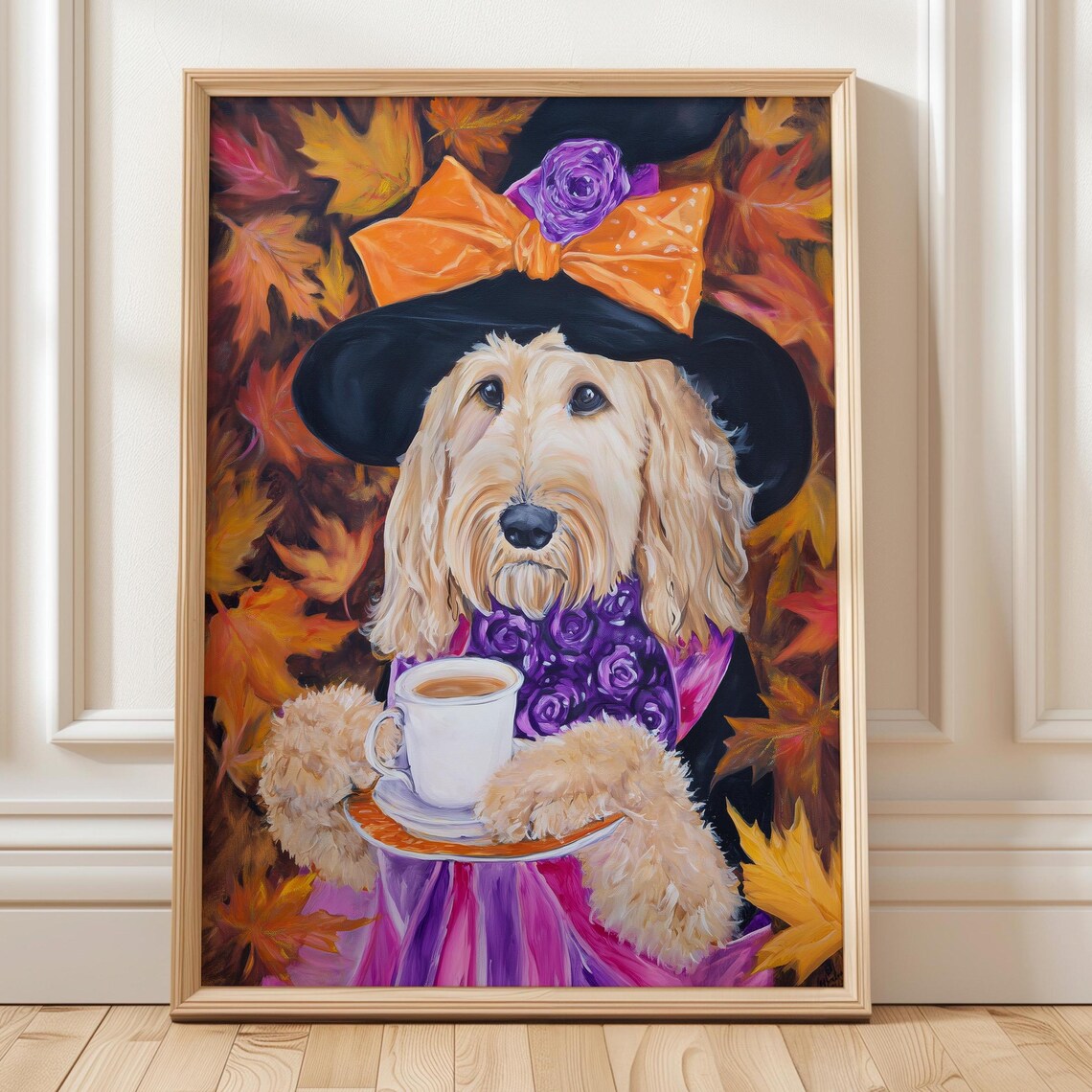 Halloween Dog Wall Art Witch With Coffee Golden Doodle Decor Cozy Autumn Spooky Cute