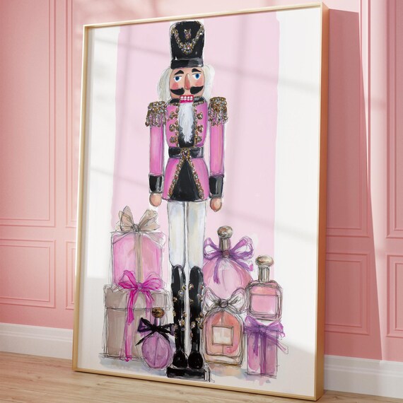 Pink Nutcracker With Gifts And Perfume Bottles Glam Christmas Wall Art