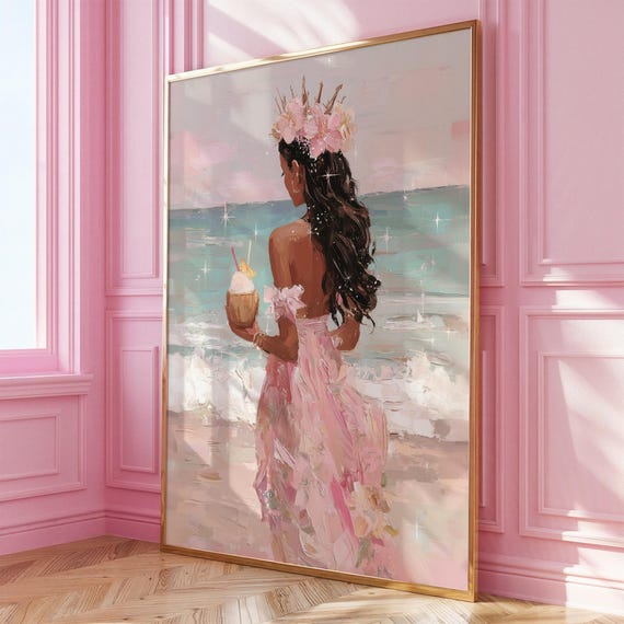Tropical Dark Skin Girl With Flower Crown Wall Art Pink Beach Print Island Glam Decor Feminine Summer
