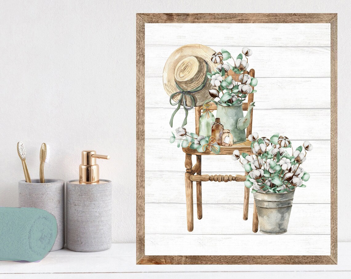 Rustic Chair Eucalyptus Cotton Watering Can Farmhouse Wall Art