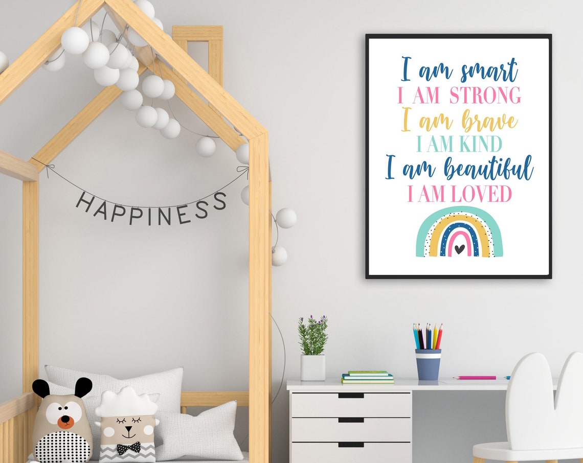 I Am Smart Strong Loved Rainbow Affirmation Poster Nursery Decor