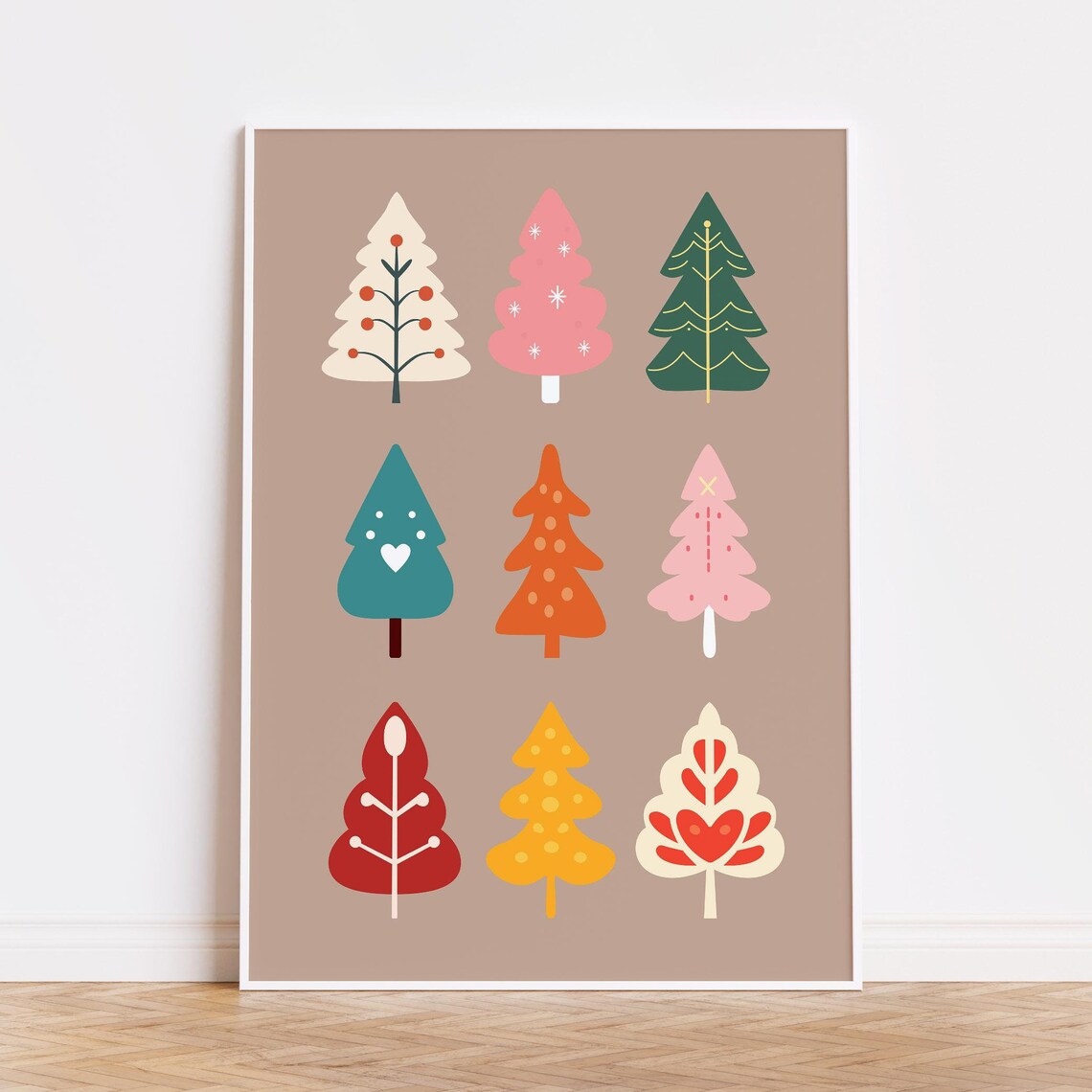 Nine Colorful Christmas Trees Grid Modern Holiday Decor Poster