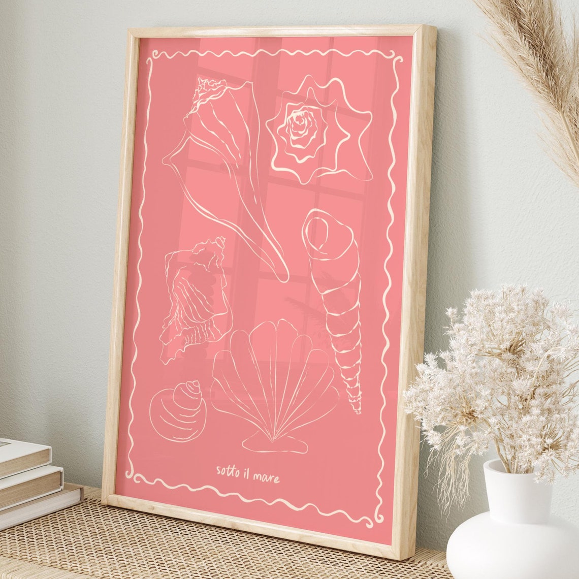 Sotto Il Mare Pink Seashell Line Art Coastal Beach Wall Poster