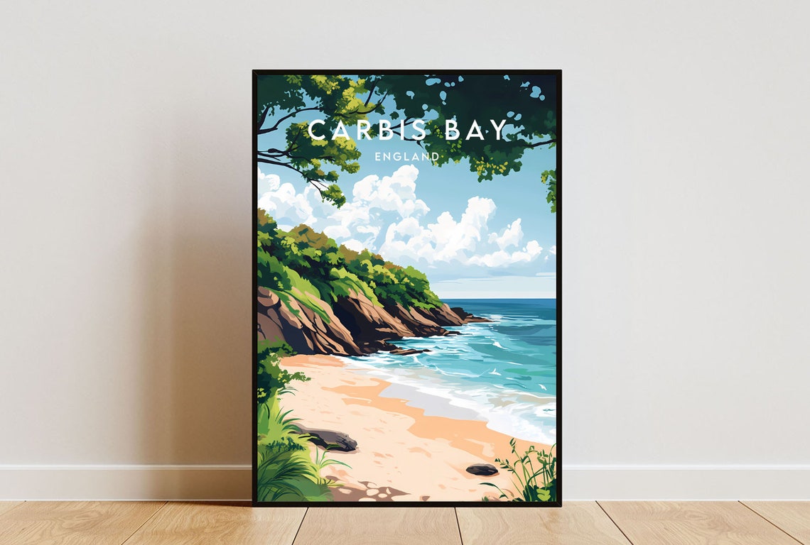 Carbis Bay England Sandy Beach Cliffs and Blue Sea Travel Poster