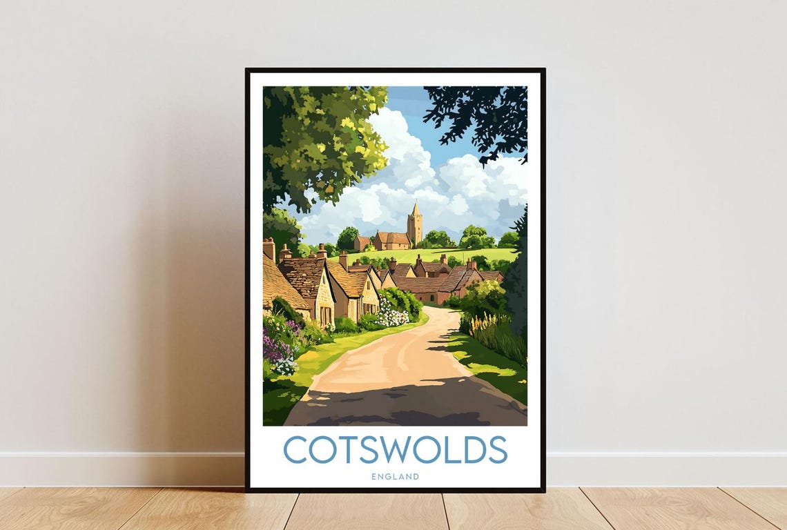 Cotswolds England Stone Cottages Village Lane Travel Art Poster