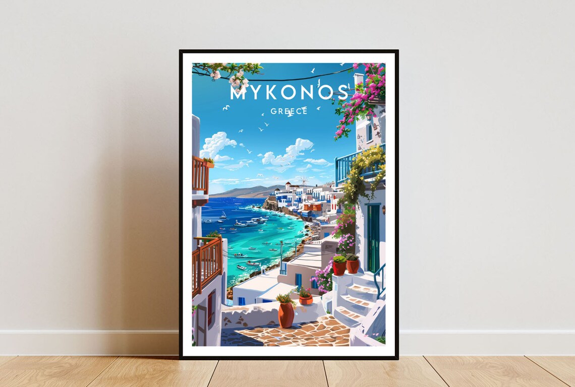Mykonos Travel Poster, Greece Island Wall Art
