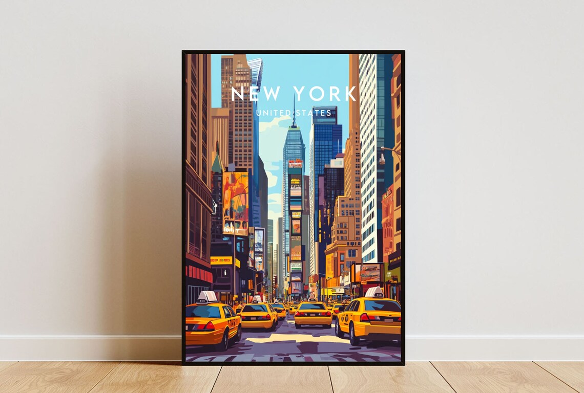 New York Manhattan Times Square Yellow Taxi Skyline Art Poster