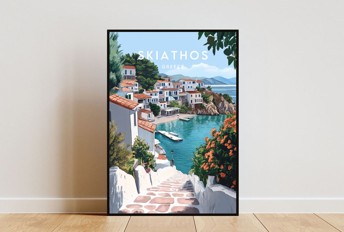Skiathos Greece Island Harbor Stone Steps Seaside Travel Poster