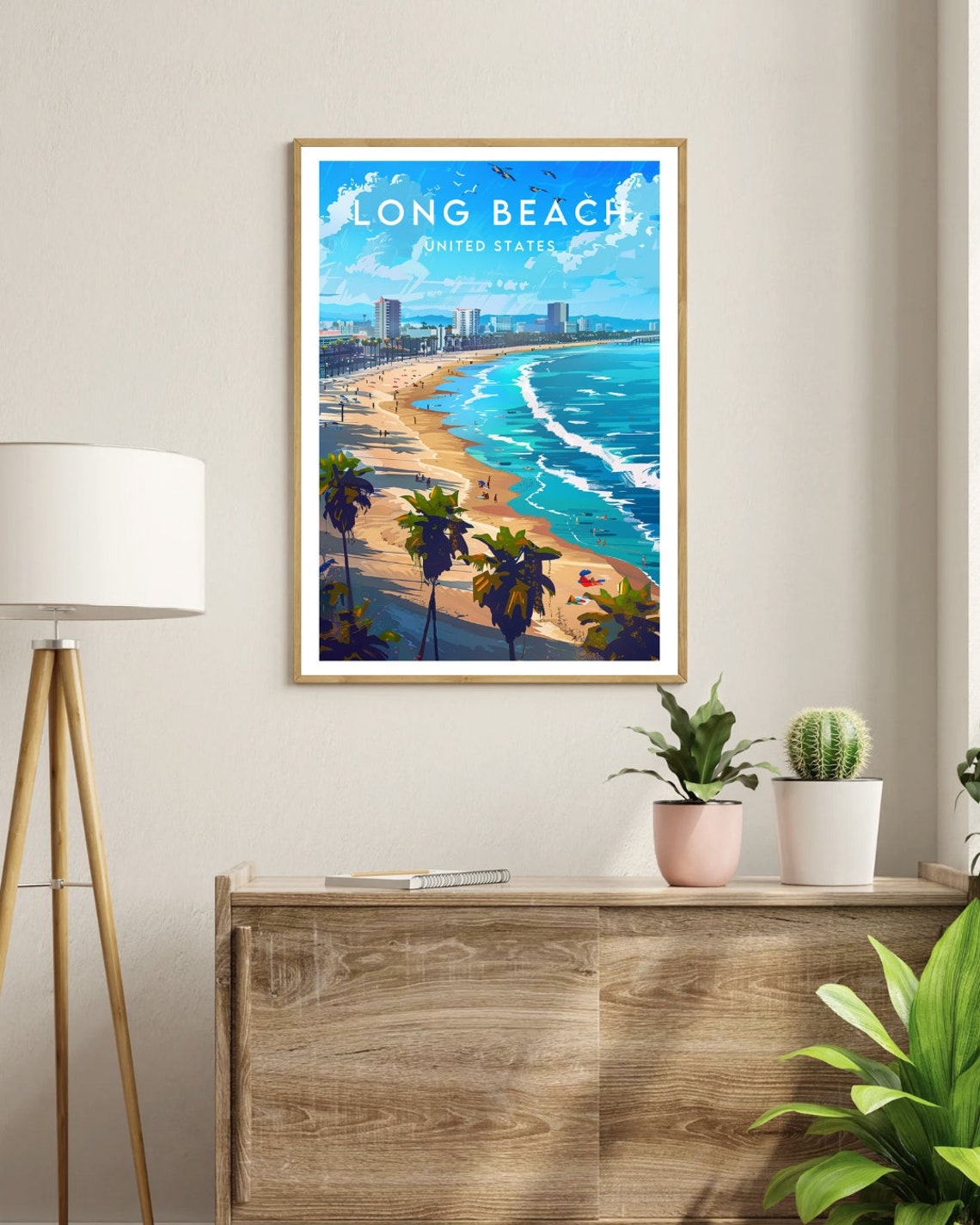 Long Beach United States Sunny Beach Palms Skyline Travel Poster - Image 3