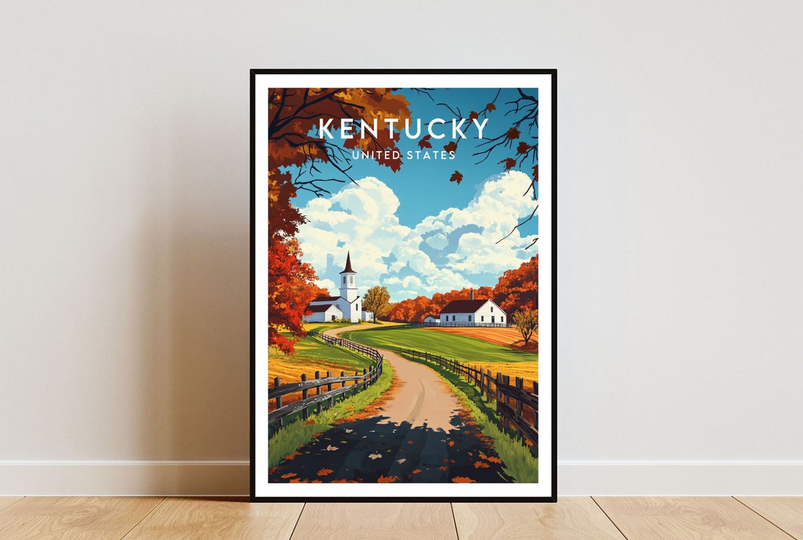Kentucky Autumn Country Road Church Farm Fall Foliage Travel Poster