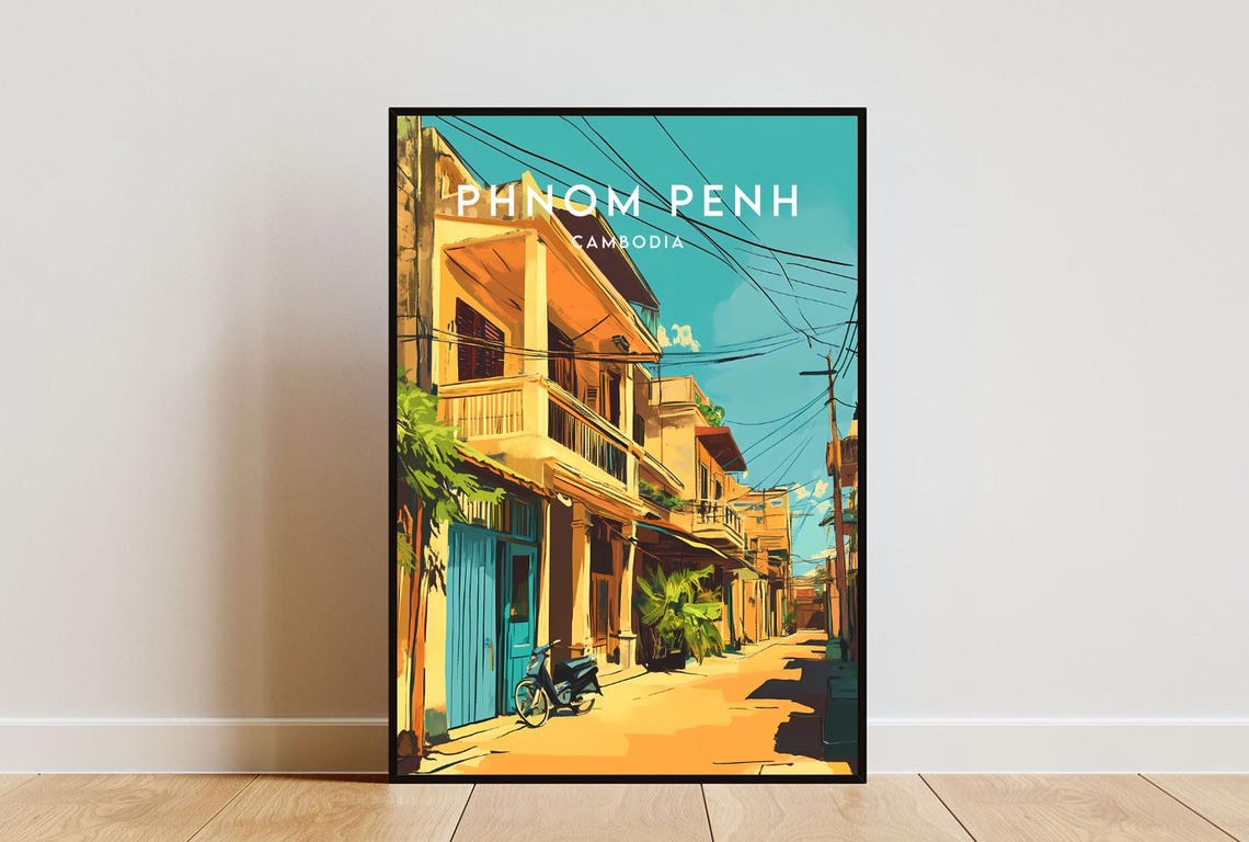 Phnom Penh Cambodia Colonial Street Vintage Style Travel Poster