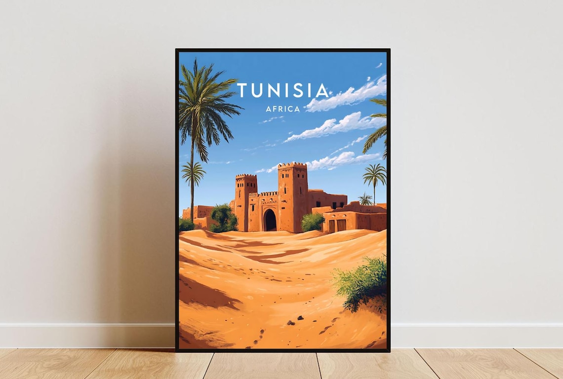 Tunisia Africa Desert Kasbah Fortress Dunes Palms Travel Poster