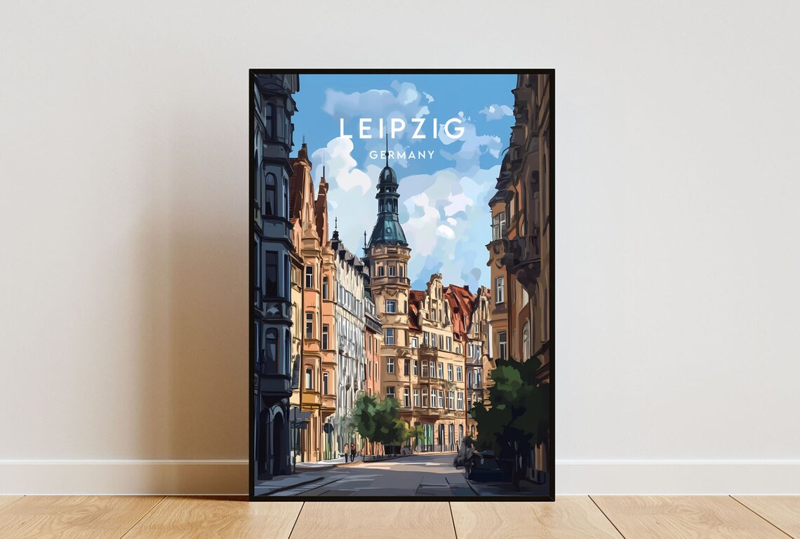 Leipzig Germany Historic Street Town Hall Tower Travel Poster