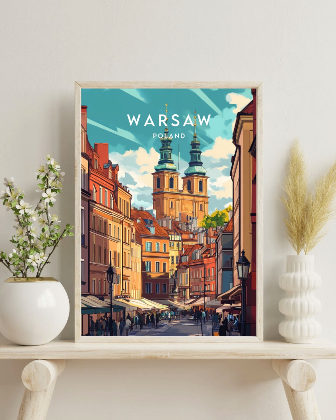 Warsaw Poland Old Town Street Church Towers Bustling Scene Poster - Image 4