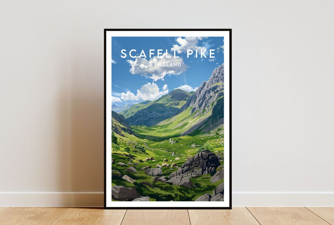 Scafell Pike England Green Mountain Valley Vintage Travel Poster