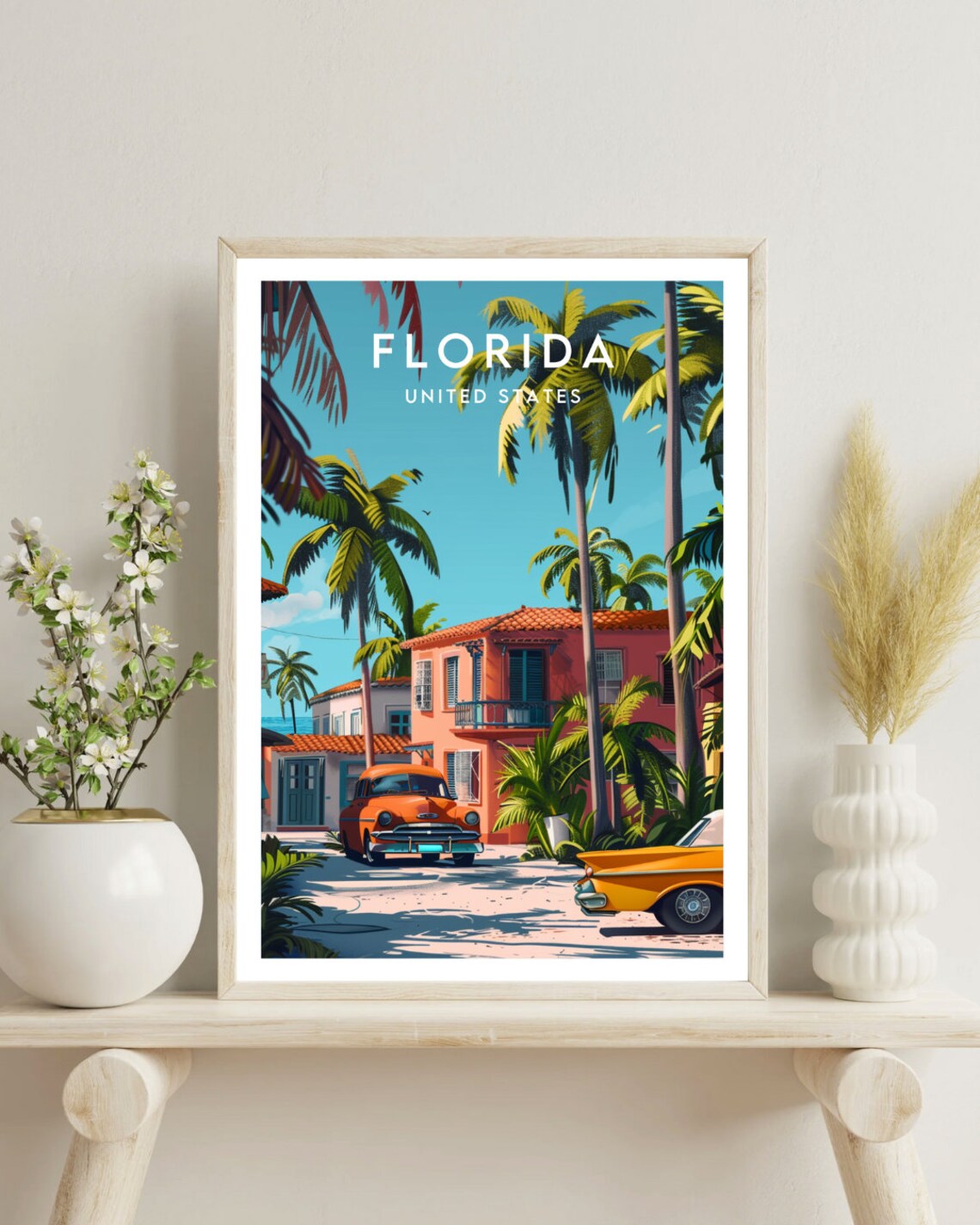 Florida Retro Street Vintage Classic Cars Palm Trees Travel Poster - Image 4