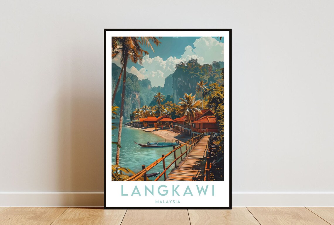 Langkawi Malaysia Tropical Island Overwater Beach Huts Travel Poster