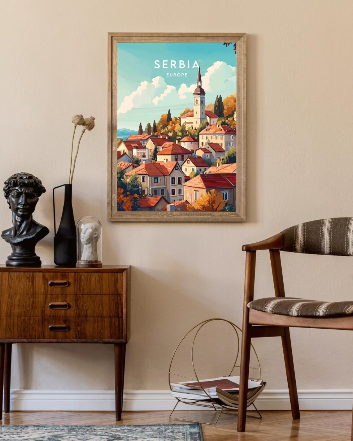 Serbia Europe Red Roof Town Church Tower Autumn Travel Poster - Image 2