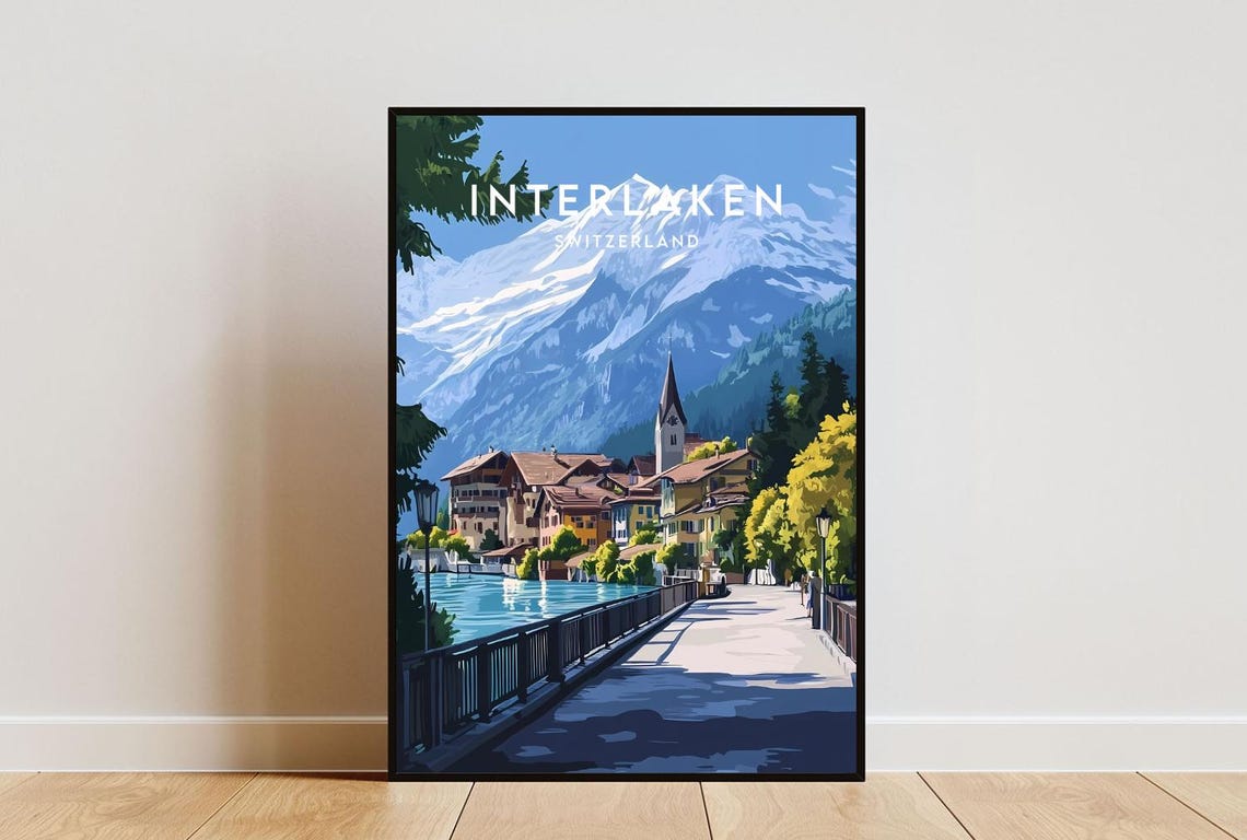 Interlaken Switzerland Alpine Lake Town Mountain Travel Poster
