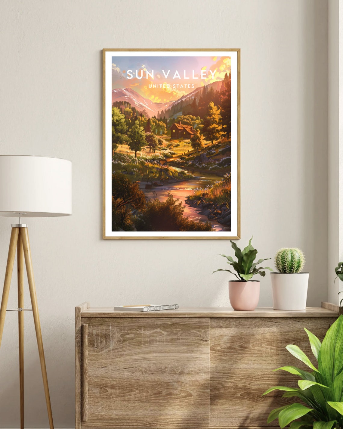 Sun Valley United States Mountain Cabin Stream Sunset Travel Poster - Image 3